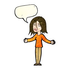 cartoon woman shrugging shoulders with speech bubble N118