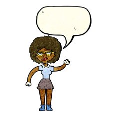 cartoon waving woman wearing spectacles with speech bubble N3