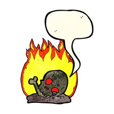 cartoon burning old bones with speech bubble N2