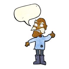 cartoon angry old man in patched clothing with speech bubble N3