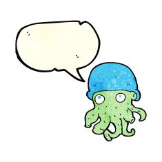 cartoon alien head wearing hat with speech bubble N3