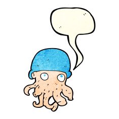 cartoon alien head wearing hat with speech bubble N4