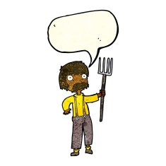 cartoon farmer with pitchfork speech bubble N3