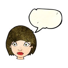 cartoon worried female face with speech bubble N4