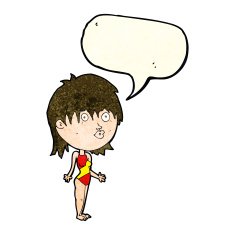 cartoon woman in swimsuit shrugging shoulders with speech bubble N2