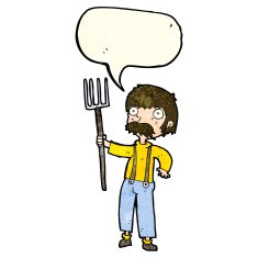 cartoon farmer with pitchfork speech bubble N4