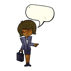 cartoon businesswoman pointing with speech bubble N3
