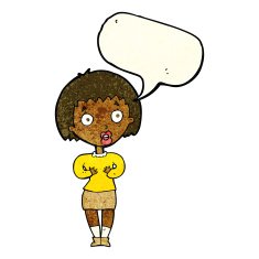 cartoon woman making Who Me? gesture with speech bubble N10