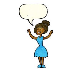 cartoon woman with raised arms speech bubble N3