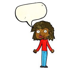 cartoon girl shrugging shoulders with speech bubble N8