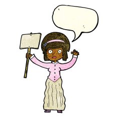 cartoon Victorian woman protesting with speech bubble N2