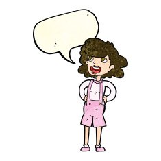 cartoon woman in dungarees with speech bubble N3