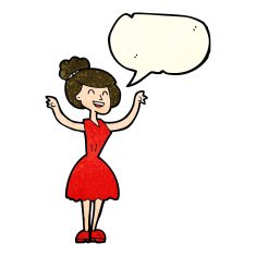 cartoon woman with raised arms speech bubble N4