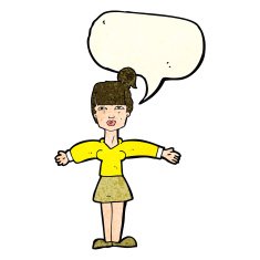 cartoon woman shrugging shoulders with speech bubble N129