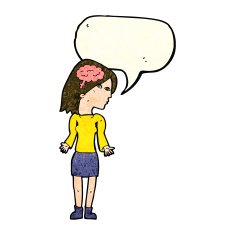 cartoon clever woman shrugging shoulders with speech bubble N3