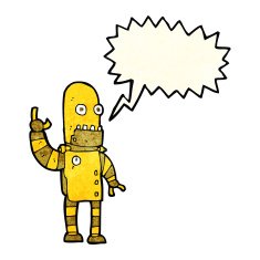 cartoon waving gold robot with speech bubble N2