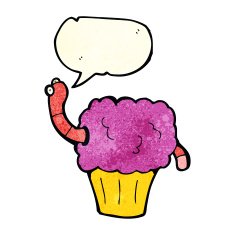 cartoon worm in cupcake with speech bubble N3