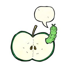 cartoon bug eating apple with speech bubble N6