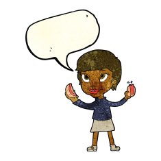 cartoon woman eating hotdogs with speech bubble N2