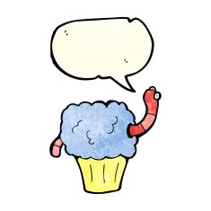 cartoon worm in cupcake with speech bubble N4