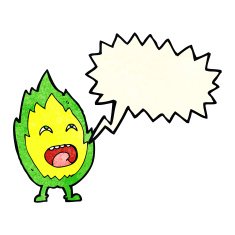cartoon flame character with speech bubble N3