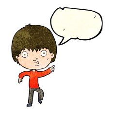 cartoon impressed boy pointing with speech bubble N4