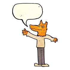 cartoon waving fox with speech bubble N4