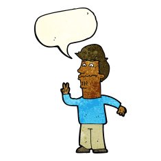 cartoon man giving peace sign with speech bubble N17