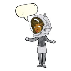 cartoon woman wearing astronaut helmet with speech bubble N3