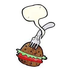 cartoon fork and burger with speech bubble N2