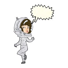 cartoon woman wearing space helmet with speech bubble N6