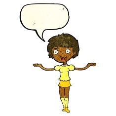 cartoon woman spreading arms with speech bubble N3