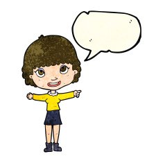 cartoon happy woman pointing with speech bubble N18