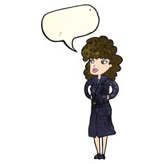 cartoon woman in trench coat with speech bubble N8
