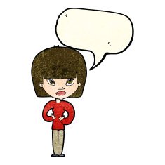 cartoon woman gesturing at herself with speech bubble N4
