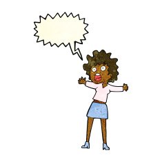 cartoon frightened woman with speech bubble N10