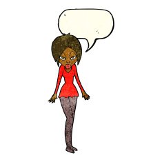 cartoon woman in short dress with speech bubble N3