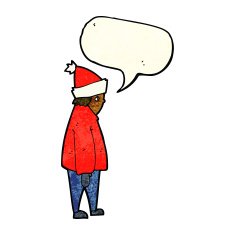 cartoon person in winter clothes with speech bubble N3