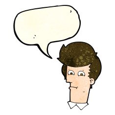 cartoon man narrowing eyes with speech bubble N15