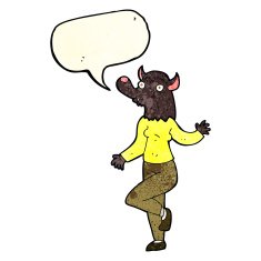 cartoon dancing werewolf woman with speech bubble N2