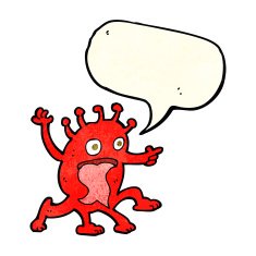 cartoon weird little alien with speech bubble N6