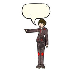 cartoon woman in leather jacket pointing with speech bubble N4