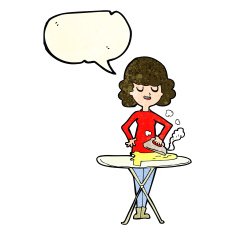 cartoon woman ironing with speech bubble N4