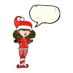 cartoon santa's helper woman with speech bubble N4
