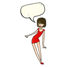 cartoon woman in dress leaning with speech bubble N4