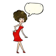 cartoon woman posing in dress with speech bubble N12
