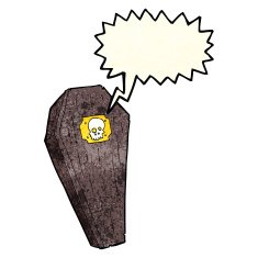 spooky cartoon coffin with speech bubble N7