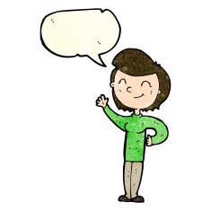 cartoon friendly waving woman with speech bubble N4