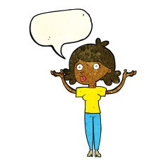 cartoon woman throwing arms in air with speech bubble N3