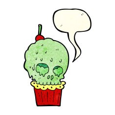 cartoon spooky skull cupcake with speech bubble N4
